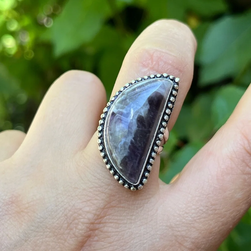 Size 6.75 925 silver plated half‎ moon amethyst ring